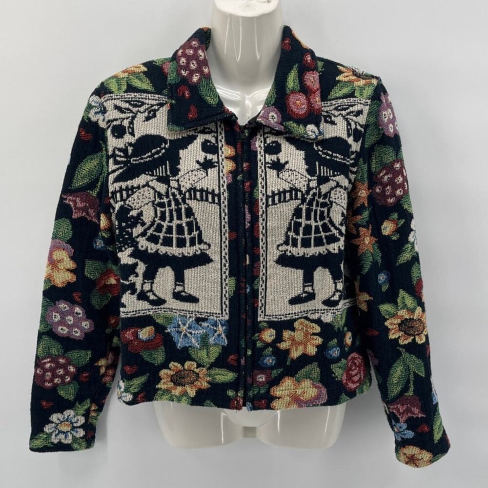 Vtg Painted Pony Tapestry Jacket M Cottagecore Folk Art Girl Sunflower USA